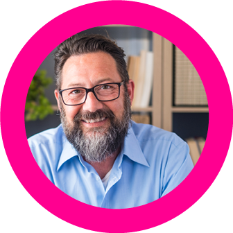 indivdual shot of one employee contained in circle with pink outline